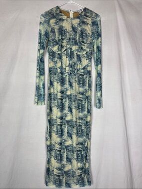 NWT Pretty Garbage Blue Abstract Corseted Maxi Dress with Long Sleeves